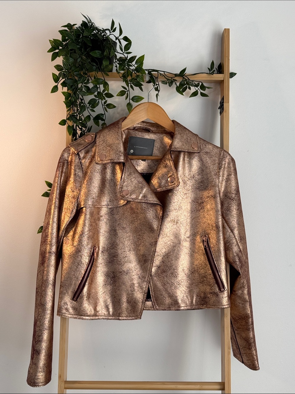 Anthropologie Women Metallic Bronze Rose Gold Moto Jacket Vegan Leather Size S